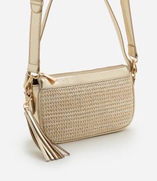 Bolsa Baguete Pequena com Efeito Palha Detalhe de Tássel Boho Romântico Bege