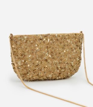 Bolsa Transversal Pequena em Paetês e Miçangas e Alça de Corrente Dourado