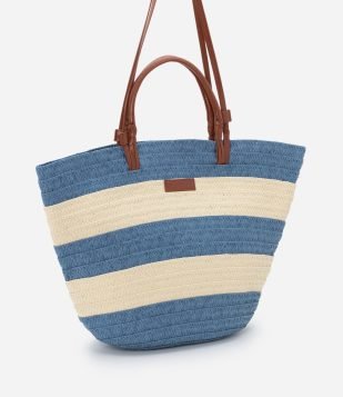 Bolsa de Praia com Listras e Alças Finas em Pu Azul-Off White