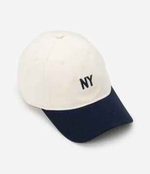Boné em Sarja Estampado Lettering NY Bege-Azul Marinho
