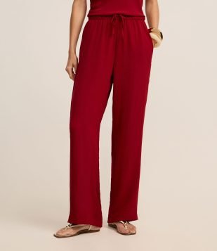 Calça Pantalona em Airflow com Elástico e Amarração no Cós Vermelho