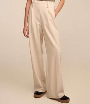 Calça Reta em Alfaiataria Cós Duplo Bege