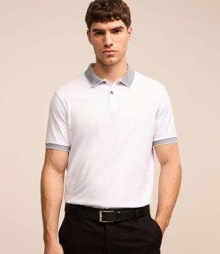 Camisa Polo Slim em Algodão com Botões e Detalhes Contrastantes Off White