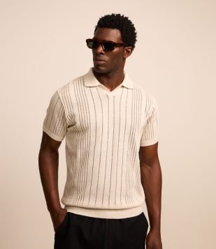 Camiseta Polo em Tricô com Textura e Mangas Curtas Branco