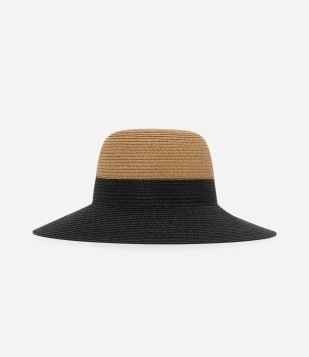 Chapéu de Praia em Palha com Aba Alongada Bicolor Bege-Preto