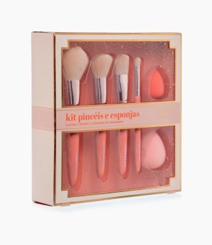 Conjunto de 04 Pinceis de Maquiagem + 02 Esponjas Alchemia Coral