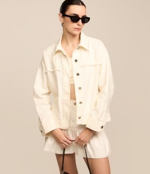 Jaqueta Oversized Jeans com Detalhes de Puídos Off White