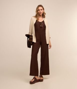 Macacão de Alça em Algodão com Amarração com Miçanga Marrom