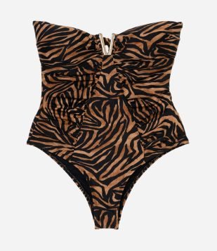 Maiô Bandeau com Estampa Animal Print Zebrado e Alças Removíveis Marrom