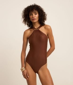 Maiô em Poliamida com Detalhe Metalizado Marrom