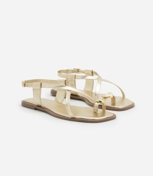 Rasteira Metalizada com Tiras em X e Coração Orgânico Dourado