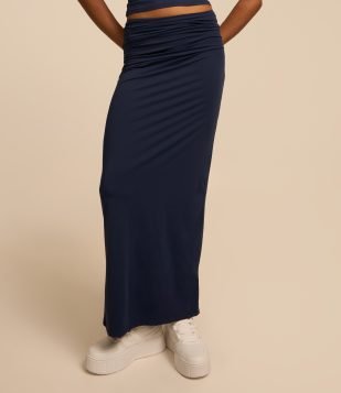 Saia Longa em Jersey com Drapeado Lateral e Fenda Azul