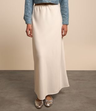 Saia New Midi Acetinada com Cós Elástico Branco