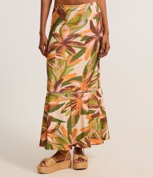 Saia New Midi Evasê Texturizada com Estampa Folhagens Multicores