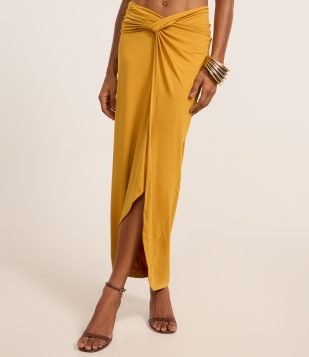 Saia New Midi em Jersey com Transpassado na Cintura Dourado
