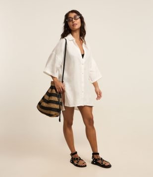 Saída de Praia Camisa em Linho Puro com Barra Mullet Branco