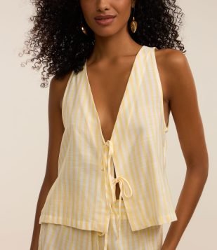 Saída de Praia Colete em Viscose e Algodão com Listras de Fio Tinto Amarelo