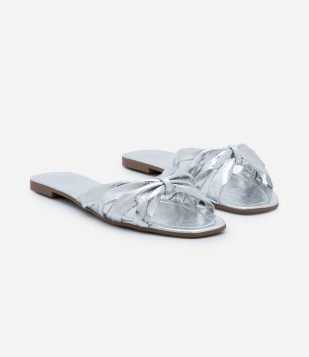 Sandália Rasteira Mule Metalizado Craquelada Prata