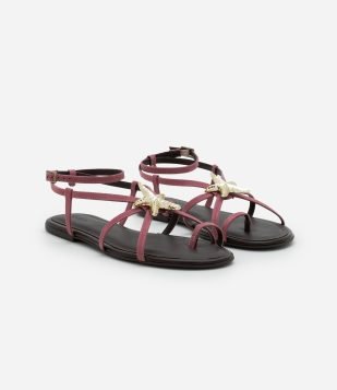 Sandália Rasteira em Suede com Tiras Finas e Pingente Estrela do Mar Rosa