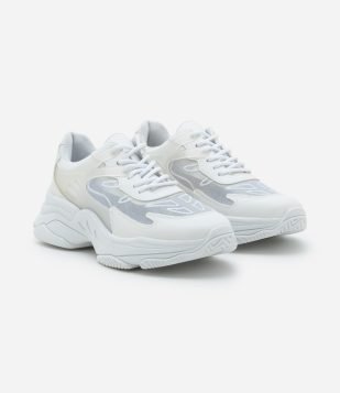 Tênis Jogging com Cano Curto e Tela com Bordados Branco