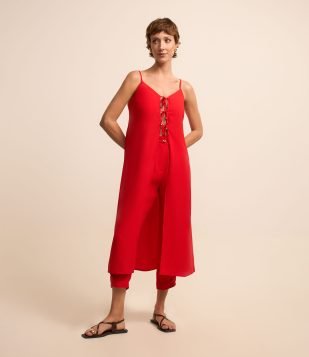 Túnica Longa Alfaiatada com Vazado e Amarração Vermelho