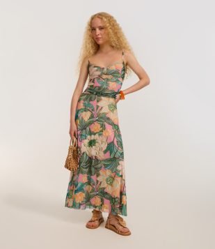 Vestido Long Midi em Tule com Estampa Floral e Alças Finas Multicores