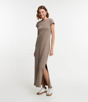 Vestido Longo em Algodão com Manga Curta Marrom