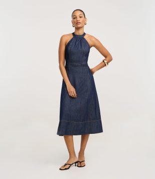 Vestido Midi em Jeans com Frente única e Costas Abertas Azul Escuro