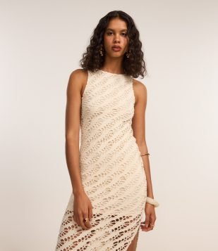 Vestido Midi sem Manga com Textura Bege