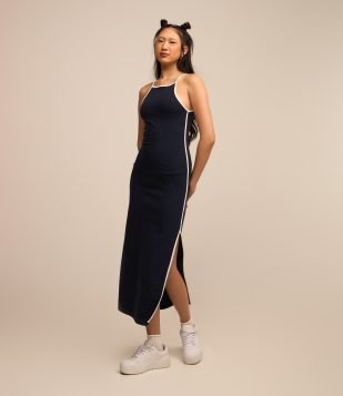 Vestido New Midi em Ribana com Detalhe Contrastante Azul Marinho