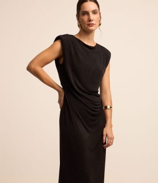 Vestido Sem Manga em Jersey com Franzido e Vazado Preto