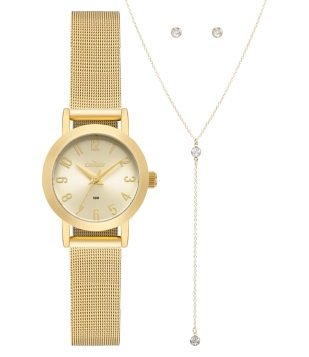 kit relogio Analógico Feminino com Caixa em Metal e Pulseira em Aço Condor Dourado