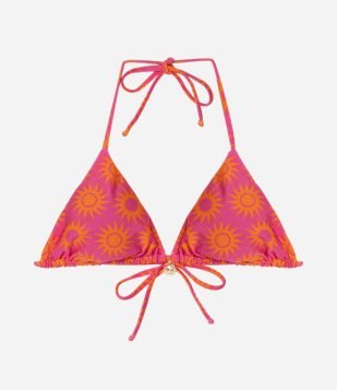 Biquíni Top Cortininha Estampa Sol com Aviamento Dourado de Sol Rosa-Laranja