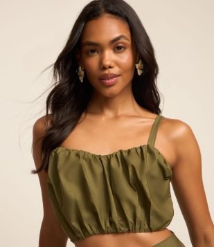Blusa Cropped Franzida em Tricoline com Lastex Verde