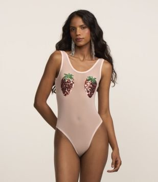 Body Tule com Bordado de Morango Branco