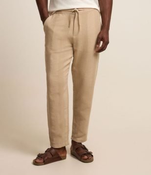 Calça Básica em Algodão com Textura e Cós Elástico Bege