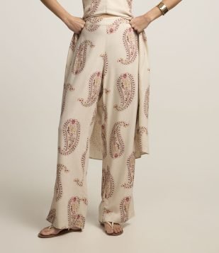 Calça Pantalona em Linho com Cós Elástico Bege