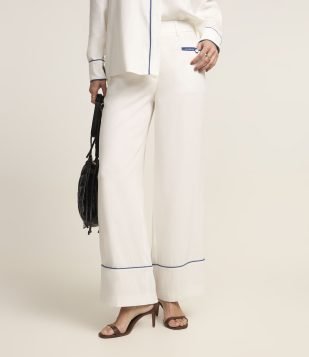 Calça Wide Leg e Viscose com Detalhes de Viés Contrastante Branco Neve