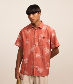 Camisa Relaxed em Jacquard com Estampa Floral Vermelho Alaranjado