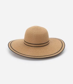 Chapéu de Praia com Aba Média e Detalhes em Linhas Contrastantes Marrom Claro