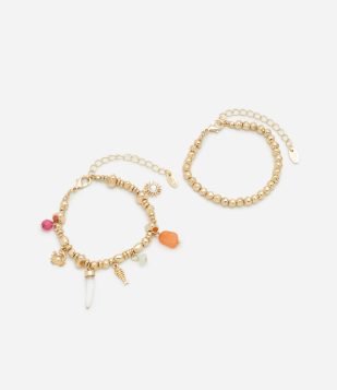 Kit 02 Pulseiras Miçangas com Pingentes Fundo Do Mar Dourado