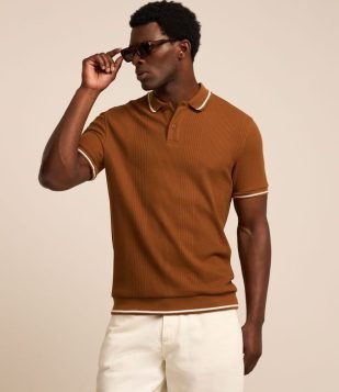 Polo Regular com Textura de Listras e Frisos Contrastantes Marrom