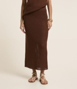Saia Midi Tricot Texturizada Marrom