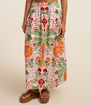 Saia New Midi em Viscose e Linho com Estampa Tropical Multicores