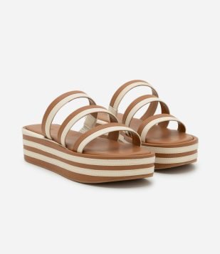 Sandália Flatform em PU com Listras Marrom