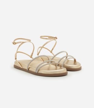 Sandália Rasteira Sport Sandal com Tiras de Brilho Dourado