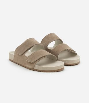 Sandália Slide em Camurça e Tiras com Velcro Bege