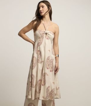 Túnica Alongada em Viscose com Estampa Geométrica e Gola halter Bege