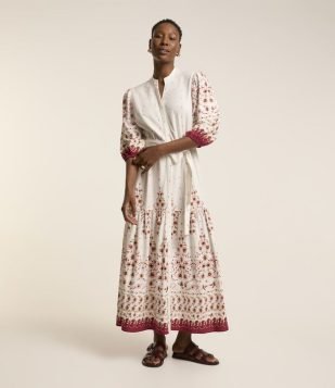 Vestido Chemise Midi em Viscolinho com Estampa Floral Branco-Vermelho