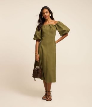 Vestido Midi em Sarja com Manga Balonê e Decote Ombro a Ombro Verde